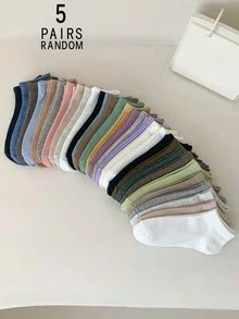 1/5/10/15/20 Pairs Random Solid Color Vertical Stripe Absorbent Soft Versatile Short Socks For Women - Multicolor - View 13