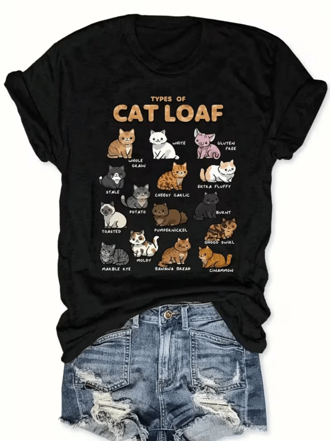 Ilustración divertida que muestra diferentes tipos de gatos en forma de pan simbolizando ternura humor y creatividad perfecta para amantes de los felinos camiseta de mujer casual cómoda y moderna - Negro - Ver 1