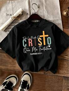 Texto inspirador que transmite fe esperanza y fuerza con una cruz y colores vivos que evocan confianza interior y energía positiva camiseta de mujer cómoda para uso diario y expresión espiritual - Negro - Ver 8