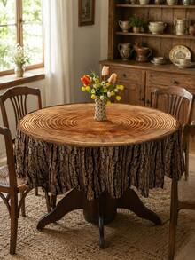 Tree Stump & Annual Rings Printed Waterproof Tablecloth, Vintage Countryside Style Round/Square Dining Table Cover, Outdoor Garden Party Wedding Decor Oil & Dust Proof Tabletop Cloth - Brown - View 4
