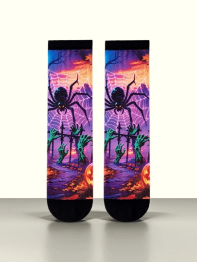 1 par de calcetines medianos para mujer, edición limitada con estampado de araña, murciélago y farol de calabaza de Halloween, calcetines cómodos y casuales, calcetines para fiestas de ambiente navideño, calcetines divertidos de Halloween, calcetines únicos de nicho