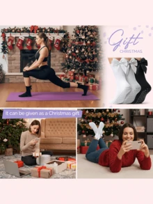 3 Pairs Pilates Socks Non Slip Yoga Crew Socks Satin Bow Grip Socks For Women Men Ballet Athletic Sport Socks Gifts Multi Color - Grey - View 4
