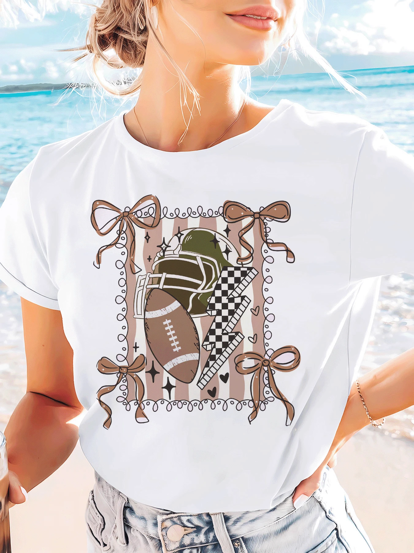 Camiseta Casual de Manga Corta con Estampado de Porrista Coquette, Cuello Redondo para Verano y Primavera, Ropa de Mujer - [Blanco] - Ver 1