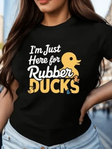 Patito de goma amarillo con letras divertidas que expresan amor por los momentos alegres y el humor relajado camiseta de mujer cómoda y casual para uso diario - Negro - Ver 6