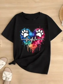 Heart Formed By Paw Prints And Pulse Lines Symbolizing Love And Vital Energy, With Colors Representing The Connection Between Emotions And Nature. Casual, Comfortable, And Modern Women's T-Shirt For Everyday Wear. - 黑色 - 查看 1