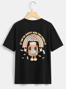 Botella adorable con rostro sonriente que irradia buen humor rodeada de píldoras de colores y un arcoíris pastel que simboliza optimismo y energía divertida camiseta de mujer casual cómoda y moderna - Negro - Ver 8