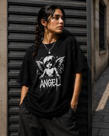 Envío local:Playera Negra para Mujer con Estampado Ángel "Angel", Camiseta Básica Manga Corta Cuello Redondo Cómoda para Verano, Estilo Streetwear Casual - Negro - Ver 2