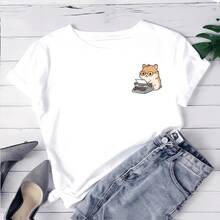Camiseta estampada para mujer con diseño de Shiba Inu - camiseta casual de manga corta y cuello redondo, corte relajado, para todas las estaciones, perfecta para uso diario y atuendos de vacaciones, lavable aáquina. - Blanco - Ver 1