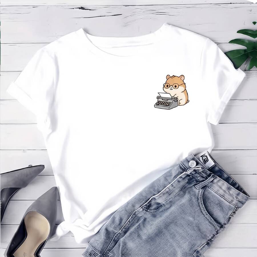 Camiseta estampada para mujer con diseño de Shiba Inu - camiseta casual de manga corta y cuello redondo, corte relajado, para todas las estaciones, perfecta para uso diario y atuendos de vacaciones, lavable aáquina. - Blanco - Ver 1