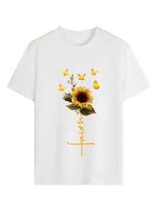 Golden Butterflies Surrounding A Sunflower Symbolizing Hope, Joy, And Faith, With Petals Evoking Sunlight And Positive Energy. A Comfortable And Modern Casual Women's T-Shirt For Everyday Wear. - 白色 - 查看 1