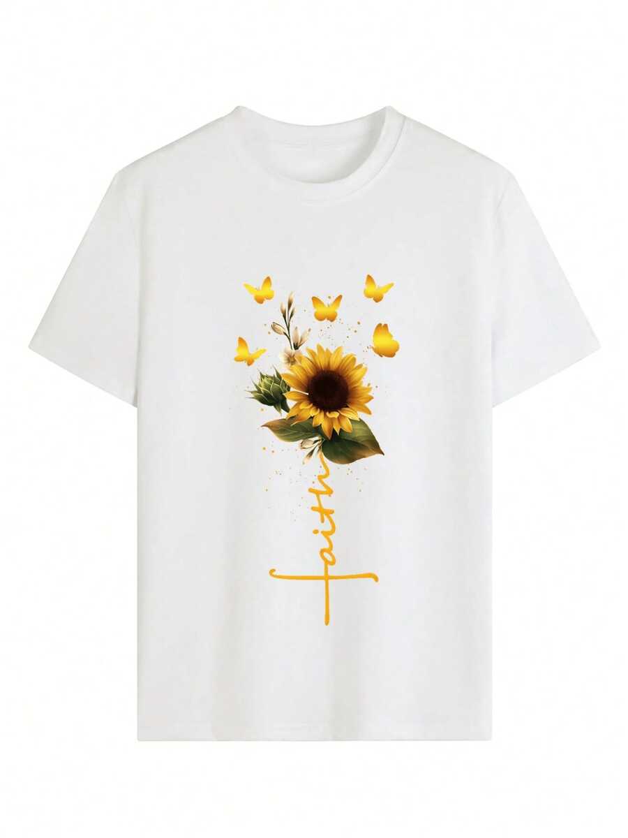 Golden Butterflies Surrounding A Sunflower Symbolizing Hope, Joy, And Faith, With Petals Evoking Sunlight And Positive Energy. A Comfortable And Modern Casual Women's T-Shirt For Everyday Wear. - 白色 - 查看 1