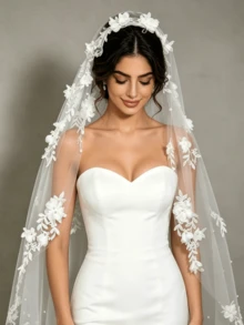 1pc 3D Floral Faux Pearl Long Trailing Lace Bridal Veil, Single Layer Short With Hair Comb, Waltz Length, Suitable For Cathedral Wedding, Wedding Photography, Civil Registration Headpiece - White -i - View 2