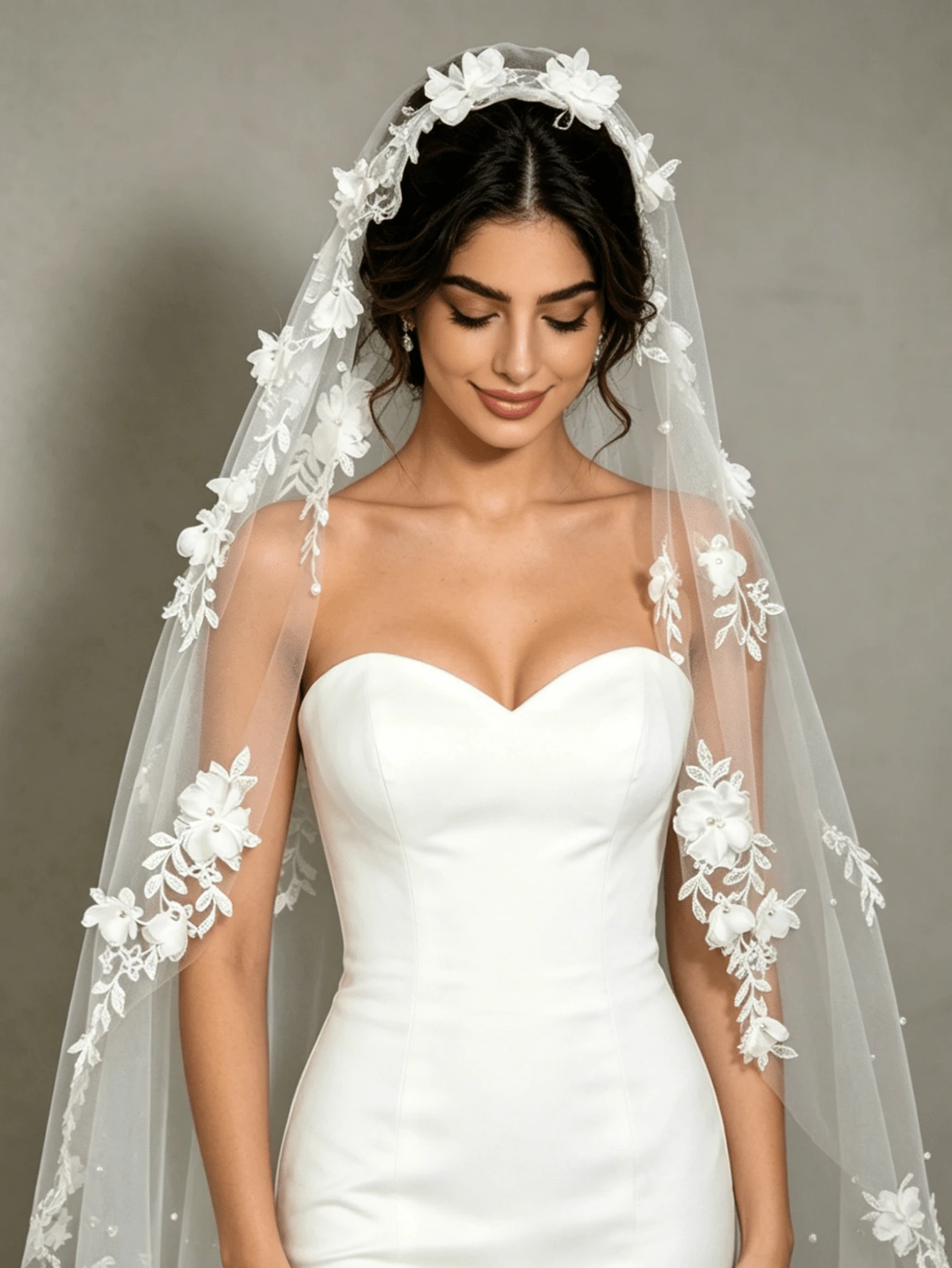 1pc 3D Floral Faux Pearl Long Trailing Lace Bridal Veil, Single Layer Short With Hair Comb, Waltz Length, Suitable For Cathedral Wedding, Wedding Photography, Civil Registration Headpiece