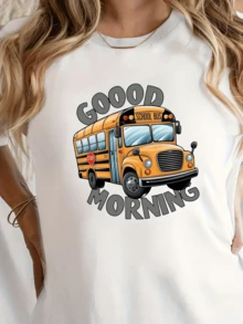Autobús escolar amarillo que representa optimismo energía matutina y alegría al comenzar el día con un mensaje positivo good morning camiseta de mujer casual y cómoda para uso diario - Blanco - Ver 1