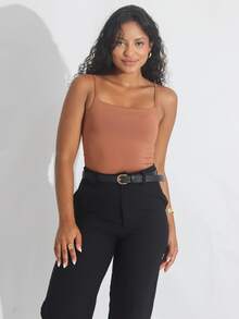 Kit 3 Women's Bodysuit Thin Strap Square Neckline Casual Suplex Double Lining Basic - 棕色/巧克力色/白色 - 查看 5