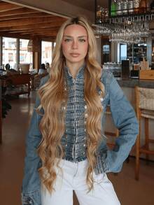 HZXVIC Áo khoác denim ngắn thời trang đường phố cổ đứng cài kim loại kiểu dáng retro mới dành cho nữ - Rửa trung bình - Xem 10
