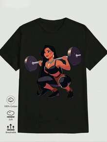 1 camiseta para hombre, estampado de Pocahontas levantando pesas, camiseta de algodón de 180 g, estampado deportivo de alta calidad en blanco y negro, cuello redondo, corte holgado básico, transpirable, lavable a máquina, cómoda, versátil, camiseta casual y versátil. - Negro - Ver 1