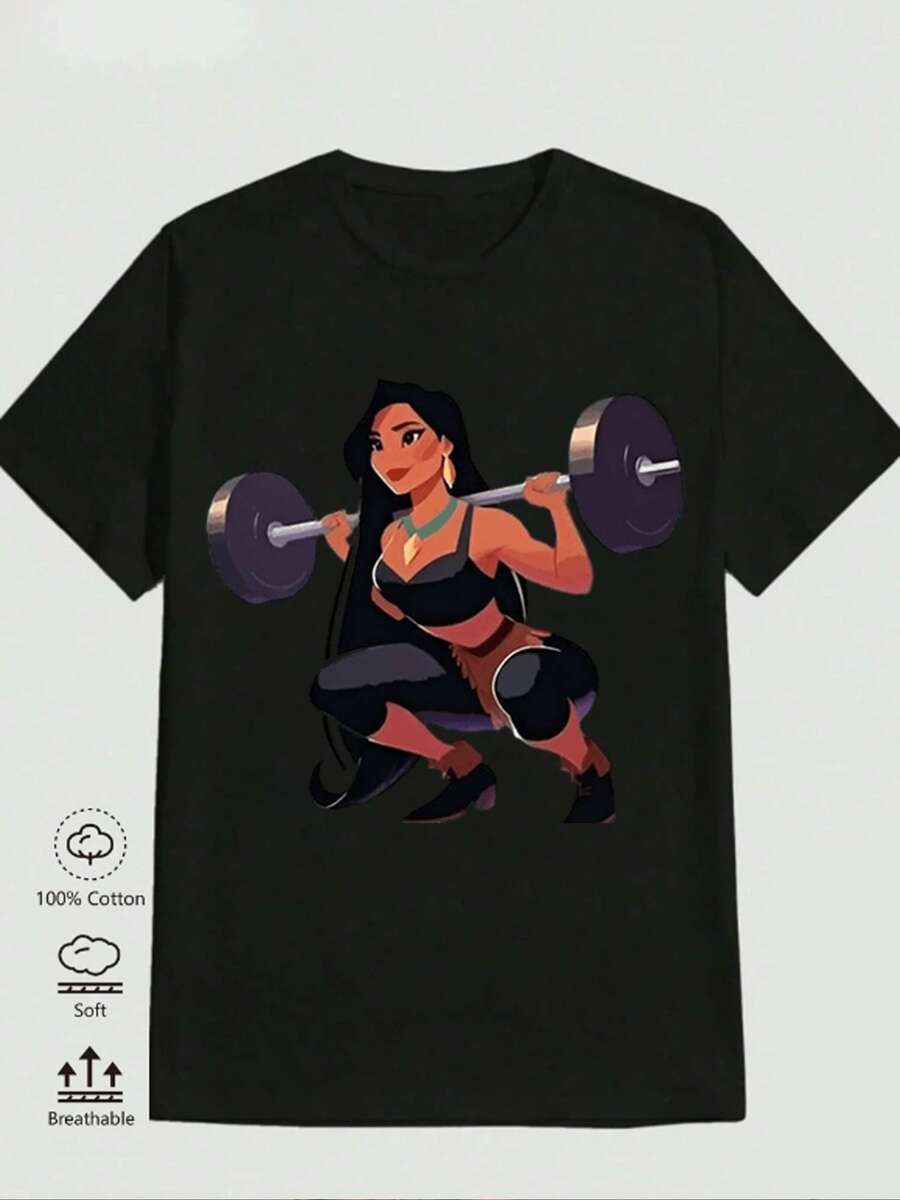 1 camiseta para hombre, estampado de Pocahontas levantando pesas, camiseta de algodón de 180 g, estampado deportivo de alta calidad en blanco y negro, cuello redondo, corte holgado básico, transpirable, lavable a máquina, cómoda, versátil, camiseta casual y versátil. - Negro - Ver 1