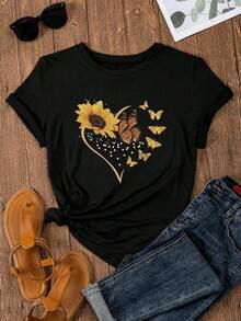 Corazón formado por girasol radiante y mariposas doradas que simbolizan esperanza libertad y energía positiva camiseta de mujer ideal para uso diario cómoda y moderna - Negro - Ver 1