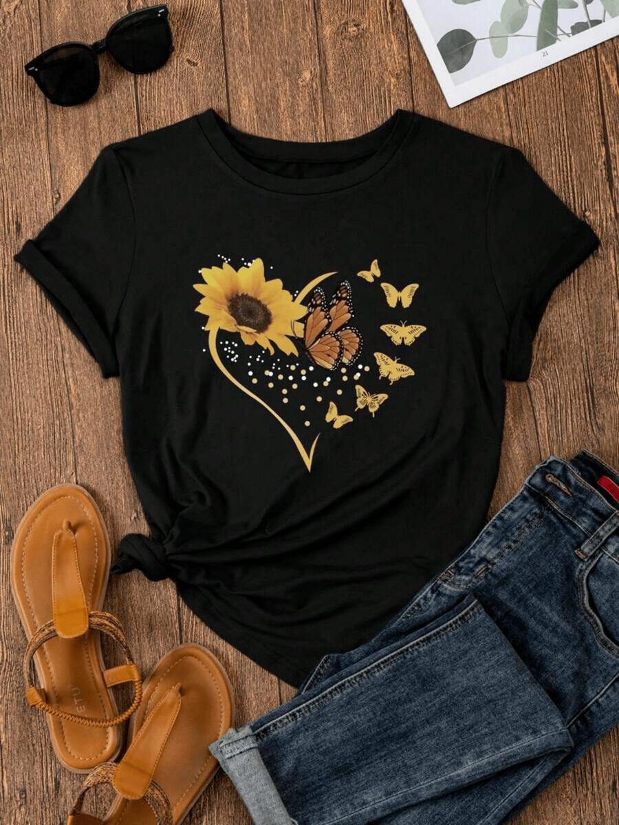 Corazón formado por girasol radiante y mariposas doradas que simbolizan esperanza libertad y energía positiva camiseta de mujer ideal para uso diario cómoda y moderna - Negro - Ver 1