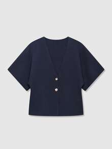 Women's Casual Solid Color Button Front Cardigan, Suitable For Summer & Autumn - Navy Blue - View 8