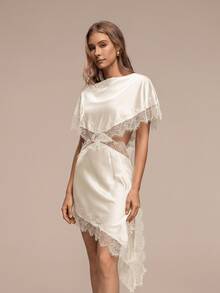 HZXVIC New Women's Solid Color Elegant Lace Patchwork Open Slit Design Vacation Beach Sexy Dress With Lining Summer - Beige - View 3