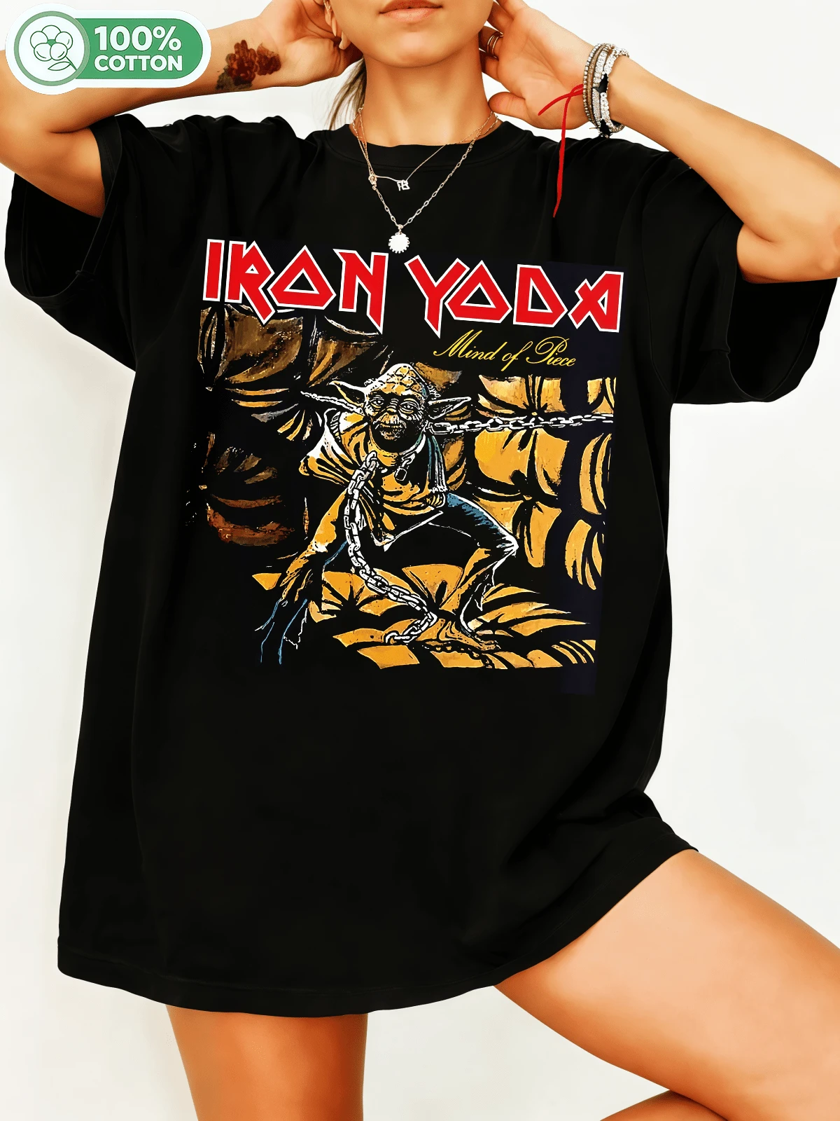 Ironnn Aa * Fanartt T‑Shirtt, Chain‑Bound Portrait Withh Heavy‑Metal‑Style Text, Vintagee Comic‑Book Styllee, Unisexx Oversizedd 100% Cottone Creww Neckk Casuall Streetwearr G. - 黑色 - 查看 1