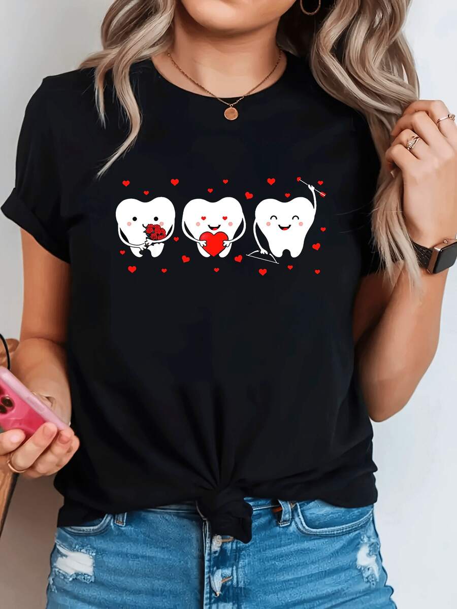 Plus Size - Plus Size - Fun Moments Cute Tooth Pattern Printed Plus Size Women'S Fashion Casual Round Neck Spring Summer T-Shirt - Negro - Ver 1