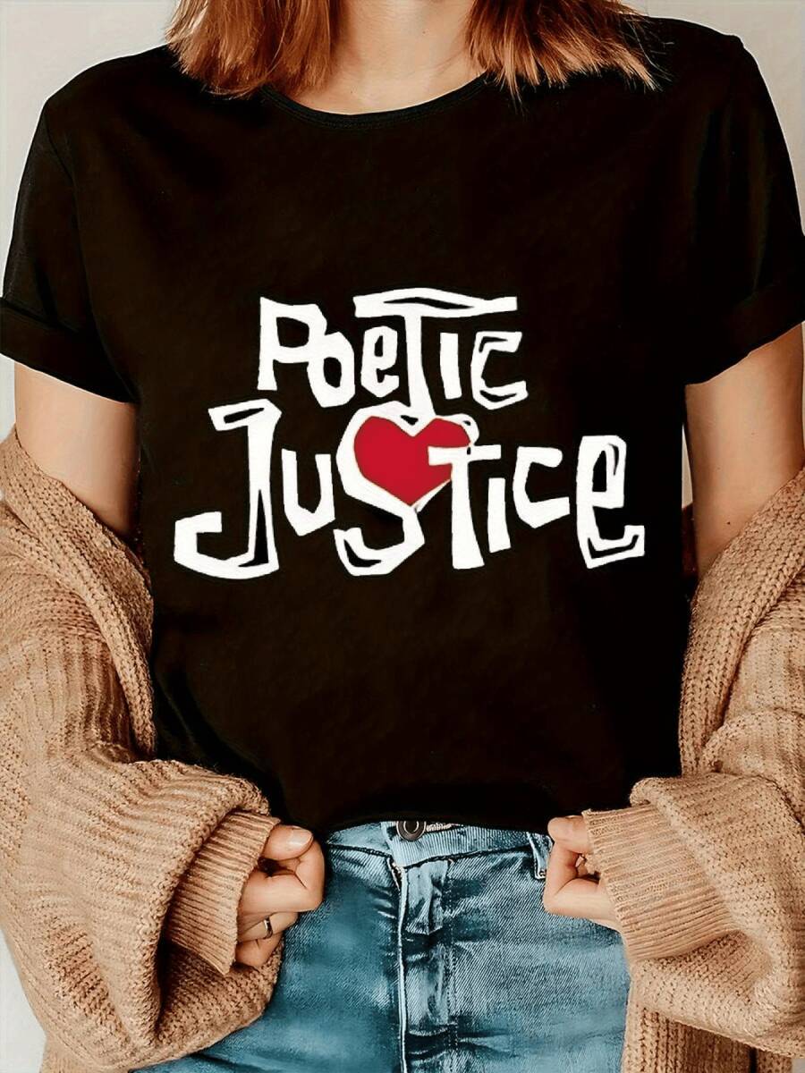 Un corazón rojo rodeado por palabras artísticas simboliza la fuerza del amor y la igualdad expresada con energía creativa y espíritu independiente camiseta de mujer casual moderna cómoda para uso diario - Negro - Ver 1