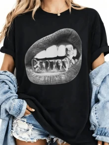 Grillz Print T-Shirt, 100% Unisex Cotton, Single-Mouth Graphic With Silver-Plated Teeth On A Black Background, Minimalist Design For Fans Of Trendyy Streetwear And Modern Rap Style - 黑色 - 查看 1