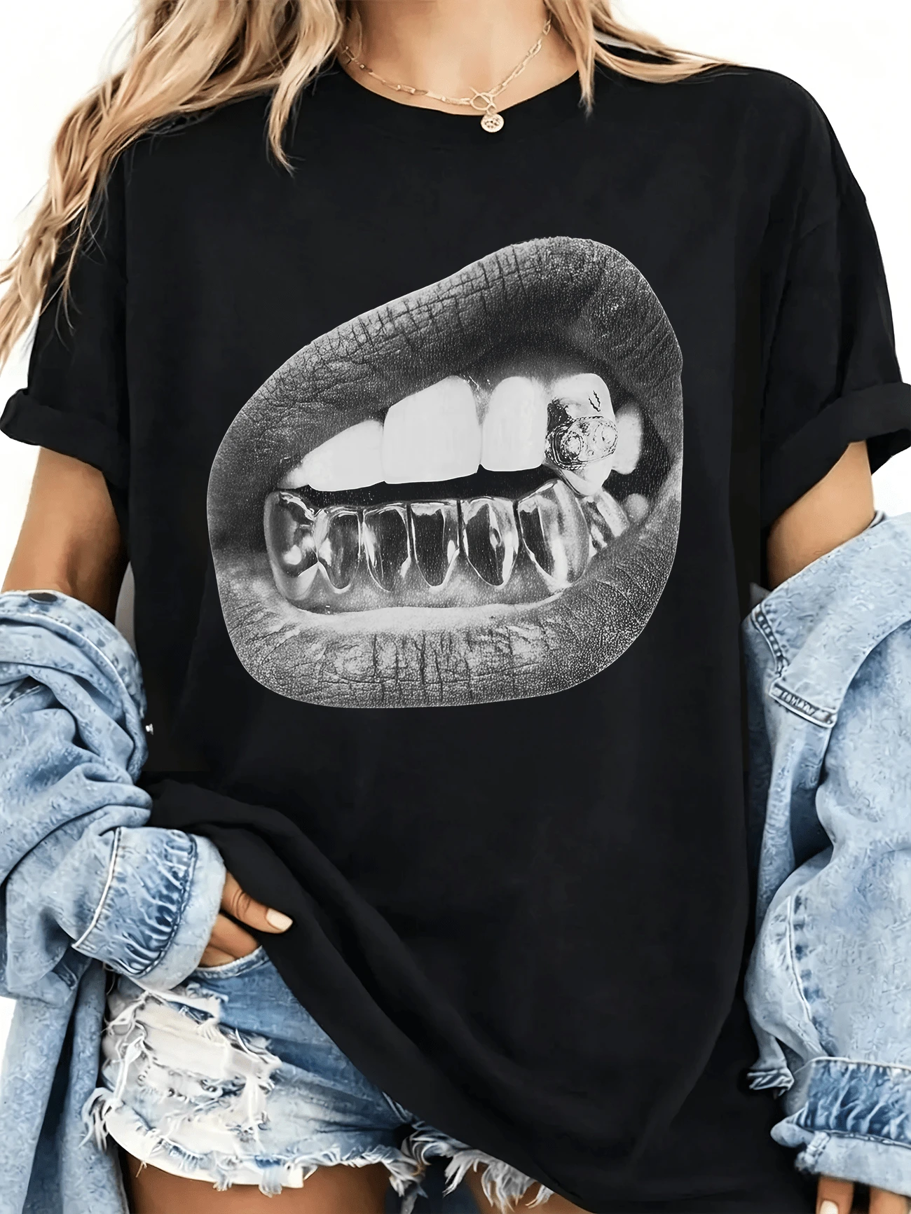 Grillz Print T-Shirt, 100% Unisex Cotton, Single-Mouth Graphic With Silver-Plated Teeth On A Black Background, Minimalist Design For Fans Of Trendyy Streetwear And Modern Rap Style - 黑色 - 查看 1