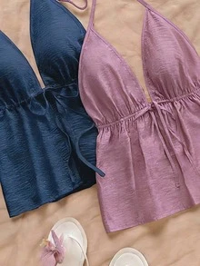 Áo cami nữ thanh lịch không co giãn, dây mảnh, hở lưng, ngực nhún bèo, trang trí nơ, phong cách thường ngày cho mùa hè - Xanh dương + Hồng - Xem 4