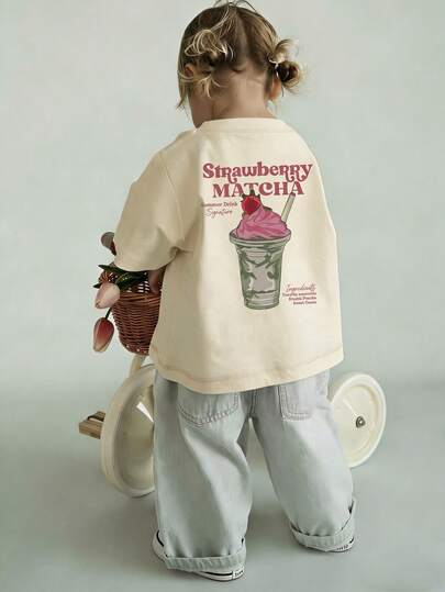 1pc Girls Strawberry Matcha Drink & Letter Print Round Neck Short Sleeve T-Shirt, Casual Sweet Dopamine Style, Comfortable Breathable Children Top, Suitable For Vacation/Daily Wear