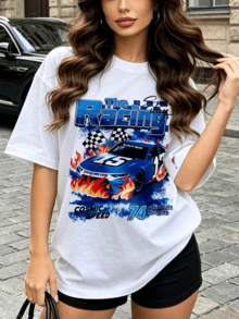 Women's Summer Casual Soft Round Neck Short Sleeve T-Shirt,The Racing Cosmic Speed Car Print Graphic,Suitable For Daily Wear In Spring And Summer.White - White - View 4