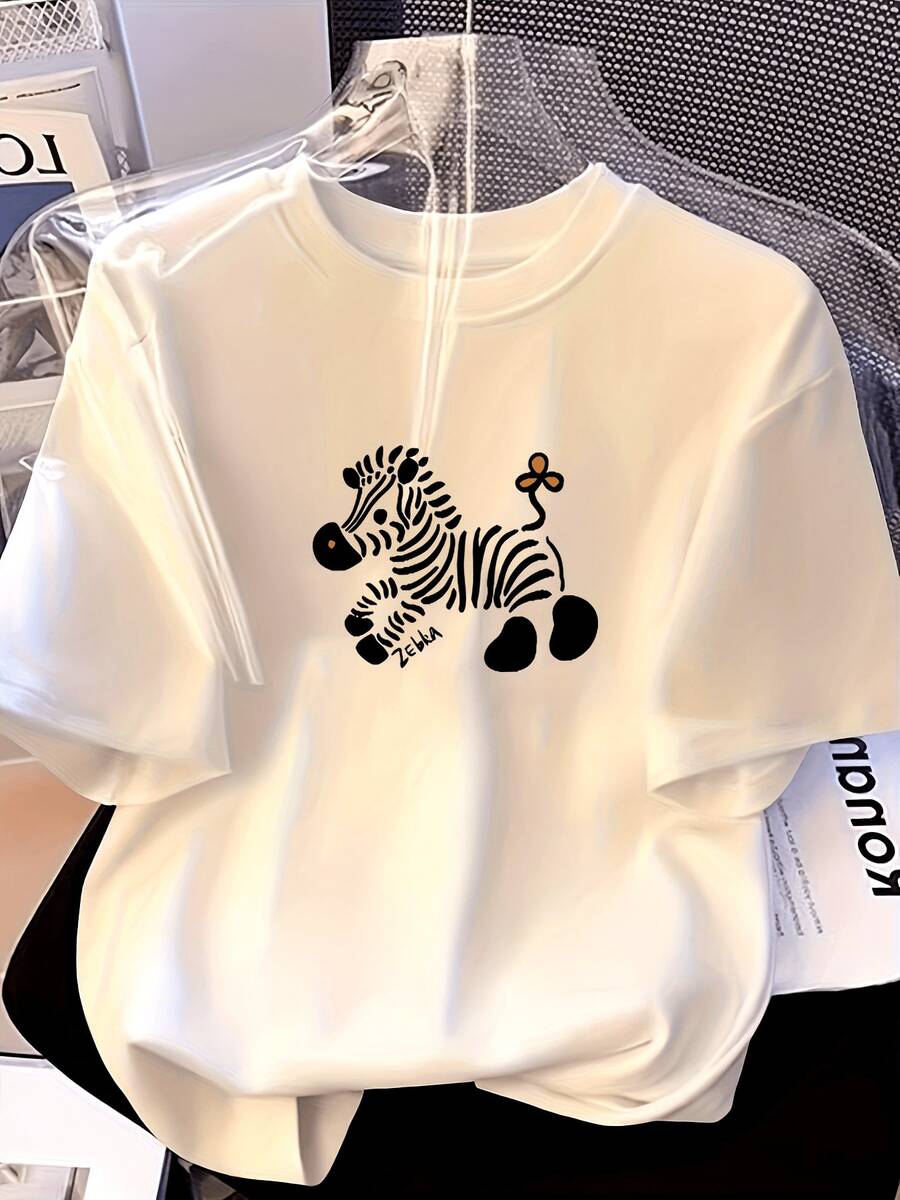 Camiseta de manga corta blanca de algodón puro para mujer, nueva y popular en 2025, con estampado de dibujos animados de cebra, corte holgado. - Blanco - Ver 1