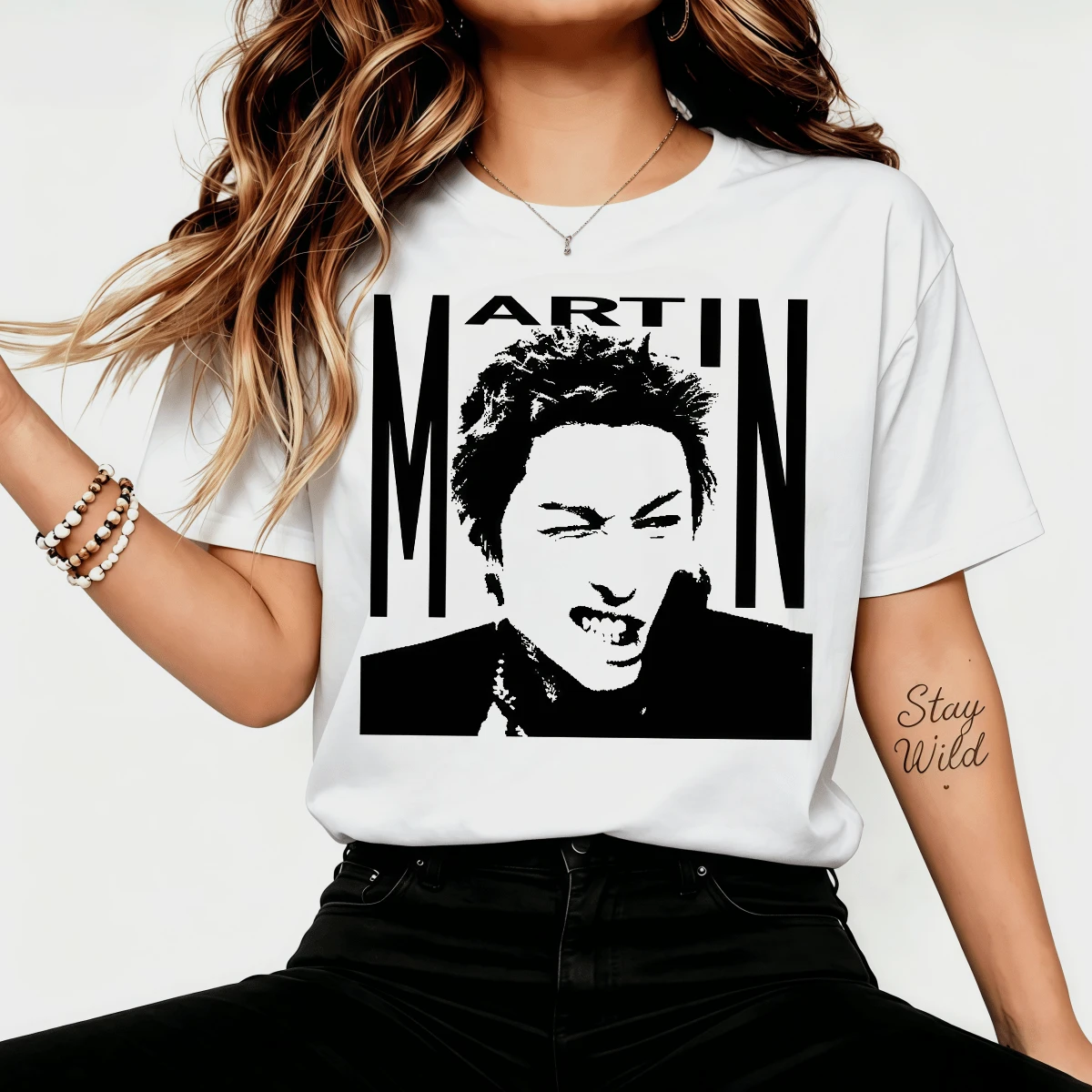 Gore Black And White Punk Silhouette Graphic T-Shirt, Synth-Pop Casual Cotton T-Shirt For Fans - White - View 1