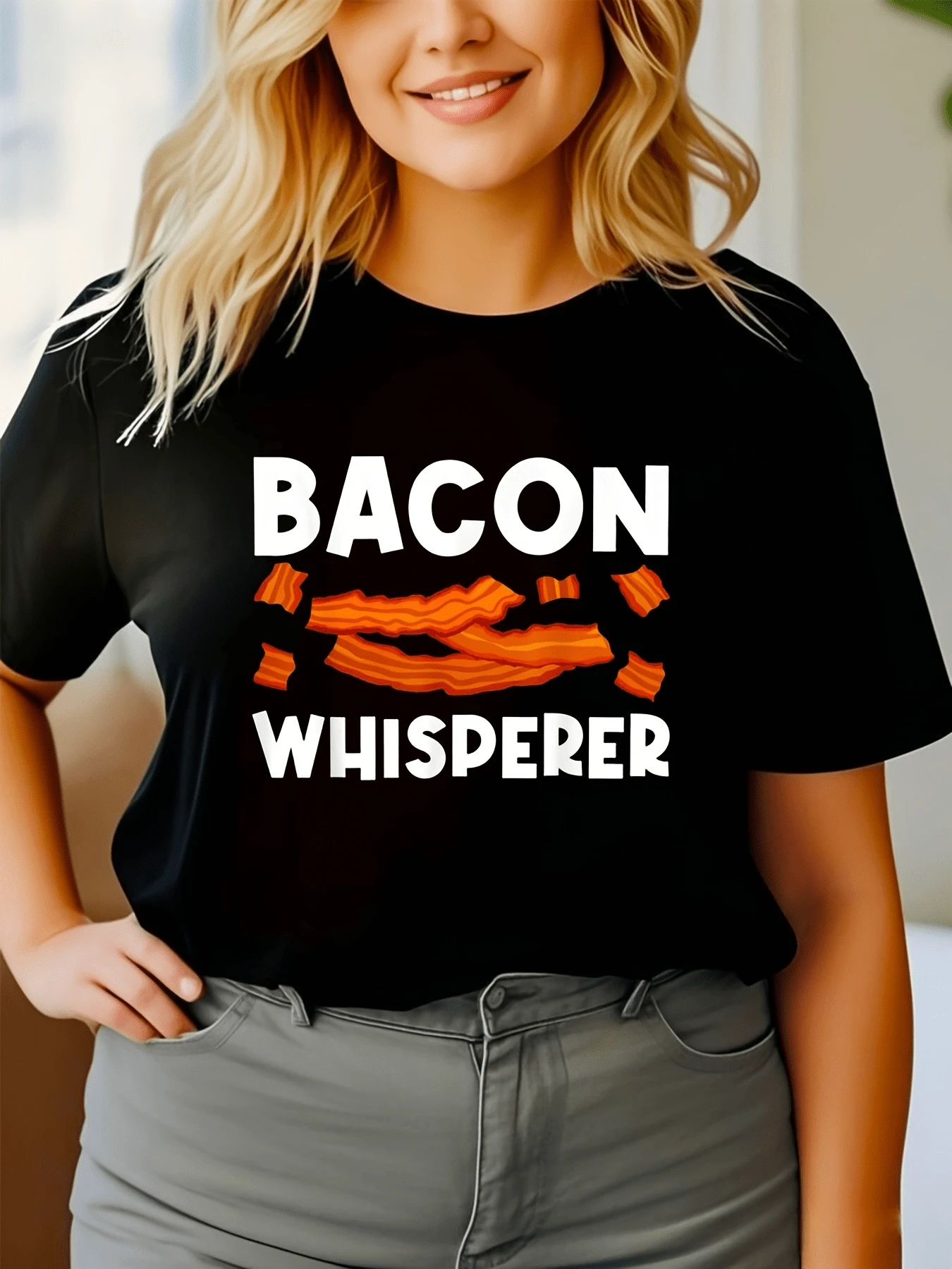 Tiras de tocino doradas que evocan calor aroma de cocina y humor alegre para amantes de la comida camiseta de mujer casual moderna divertida cómoda - Negro - Ver 1
