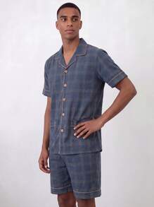 Snug League [PONX]2pcs/Set Men Summer Sleepwear Lightweight Short Sleeve Cardigan Top And Shorts, Breathable Moisture-Wicking Pajama Set - Blue - View 6