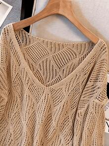 Women's V-Neck Hollow Rhombus Design Loose Knit Cover Up, Airy And Breathable For Beach/Resort Wear, Spring/Summer Vacation - 卡其色 - 查看 4