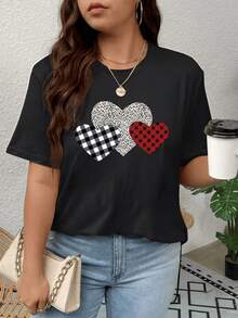 Tres corazones entrelazados que simbolizan amor unión y amistad con patrones de cuadros y manchas que reflejan la diversidad de sentimientos camiseta de mujer casual moderna para uso diario - Negro - Ver 8