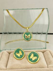 Bộ dây chuyền và bông tai bằng thép không gỉ mạ vàng 18K, mặt dây chuyền hình rắn cổ điển, không gây dị ứng và chống gỉ, thiết kế cổ điển phù hợp cho Ngày Valentine, đeo hàng ngày, đi làm, hẹn hò, dự tiệc. - Nhiều màu - Xem 2