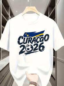 Camiseta de manga corta con estampado temático de fútbol de Curaçao 2026, estilo de apoyo para fans, top personalizado holgado y cómodo, camiseta de fútbol con elemento de la bandera de Curaçao, edición del evento 2026, versátil para el uso diario, camiseta de manga corta para hombre con estampado apasionado de fútbol de Curaçao 2026, moderna y genial, top deportivo casual. - Blanco - Ver 8