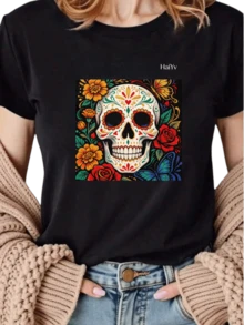 Oferta por tiempo limitado, cantidad limitada disponible,  relámpago, camisas de mujer, camisetas de mujerPlayera Blanca de Mujer con Estampado de Calavera Mexicana Floral y Mariposas, Camiseta Manga Corta Casual, Moda  Día de Muertos 2026, Ropa Ligera y Comoda para Dama, Ideal para Fiestas y Uso Diario - Negro - Ver 1