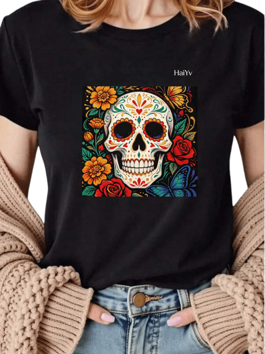 Oferta por tiempo limitado, cantidad limitada disponible, relámpago, camisas de mujer, camisetas de mujerPlayera Blanca de Mujer con Estampado de Calavera Mexicana Floral y Mariposas, Camiseta Manga Corta Casual, Moda Día de Muertos 2026, Ropa Ligera y Comoda para Dama, Ideal para Fiestas y Uso Diario - Negro - Ver 1