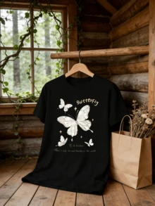 Mariposas luminosas que representan la libertad del alma y la esperanza en nuevos comienzos se elevan suavemente sobre un fondo oscuro creando una sensación de calma y renovación camiseta de mujer casual moderna cómoda para uso diario - Negro - Ver 6