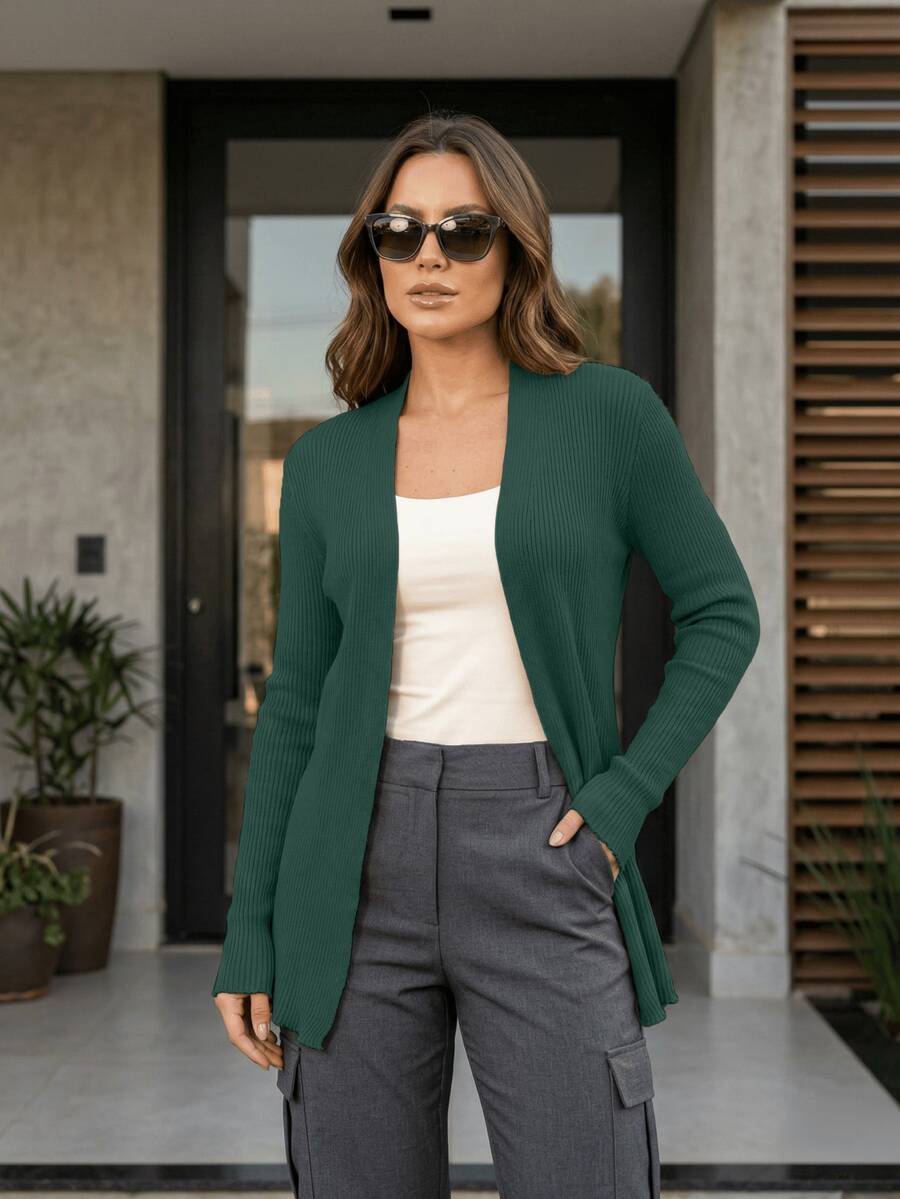 Women's Open Ribbed Cardigan, Basic, Elegant, Casual, Winter, Cold Weather, Knit Cardigan - Verde - Ver 1
