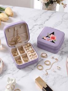 Purple PU Leather Mini Jewelry Organizer Box, Portable Travel, Home Jewelry Case With Multi-Compartment For Necklaces, Earrings, Rings, Studs Hair Clips, Floral Design - Flowers Style - View 11