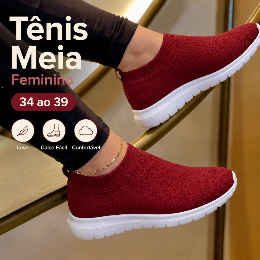 Tênis Meia Feminino Slip On Vinho Leve Confortável Do 34 ao 39 Promoção