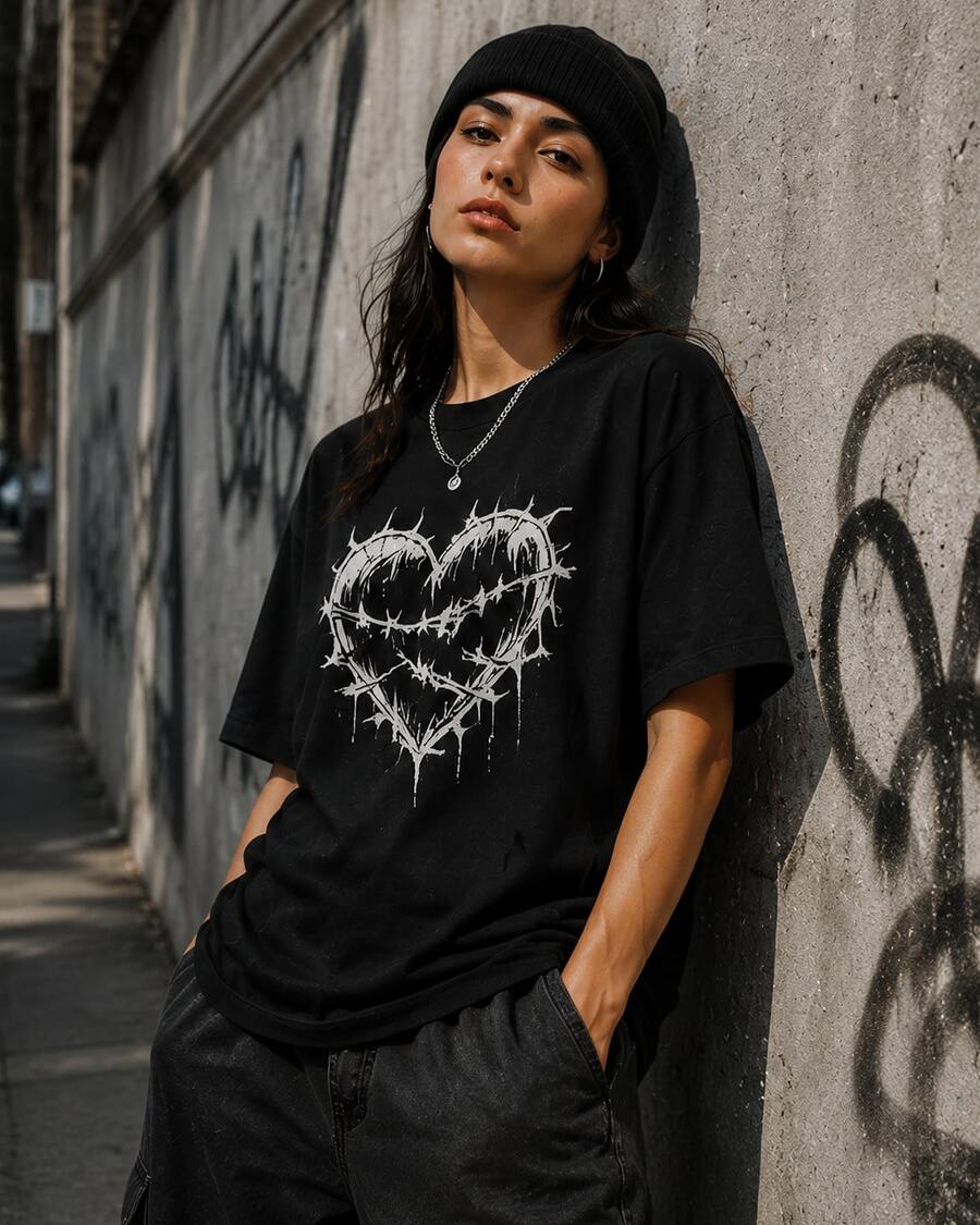 Envío local:Playera Negra para Mujer con Estampado Corazón con Espinas, Camiseta Básica Manga Corta Cuello Redondo Cómoda para Verano, Estilo Streetwear Casual - Negro - Ver 1