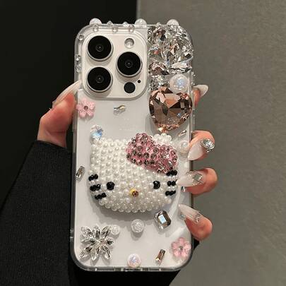 SANRIO 1 ชิ้น เคสโทรศัพท์แฟชั่นหรูหราใหม่แวววาว 3D ลายหัวใจมุก Hello Kitty Bling Bling เข้ากันได้กับ IPhone 17 17Pro 17ProMax 16 16Pro 16PM 15 15Pro 15PM กันกระแทก 14ProMax 14Pro 14 13ProMax 13Pro 12ProMax 12Pro 11 11ProMax